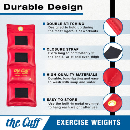 The Cuff Original Adjustable Ankle and Wrist Weight for Yoga, Dance, Running, Cardio, Aerobics, Toning, and Physical Therapy. 2.5 Lb - Red