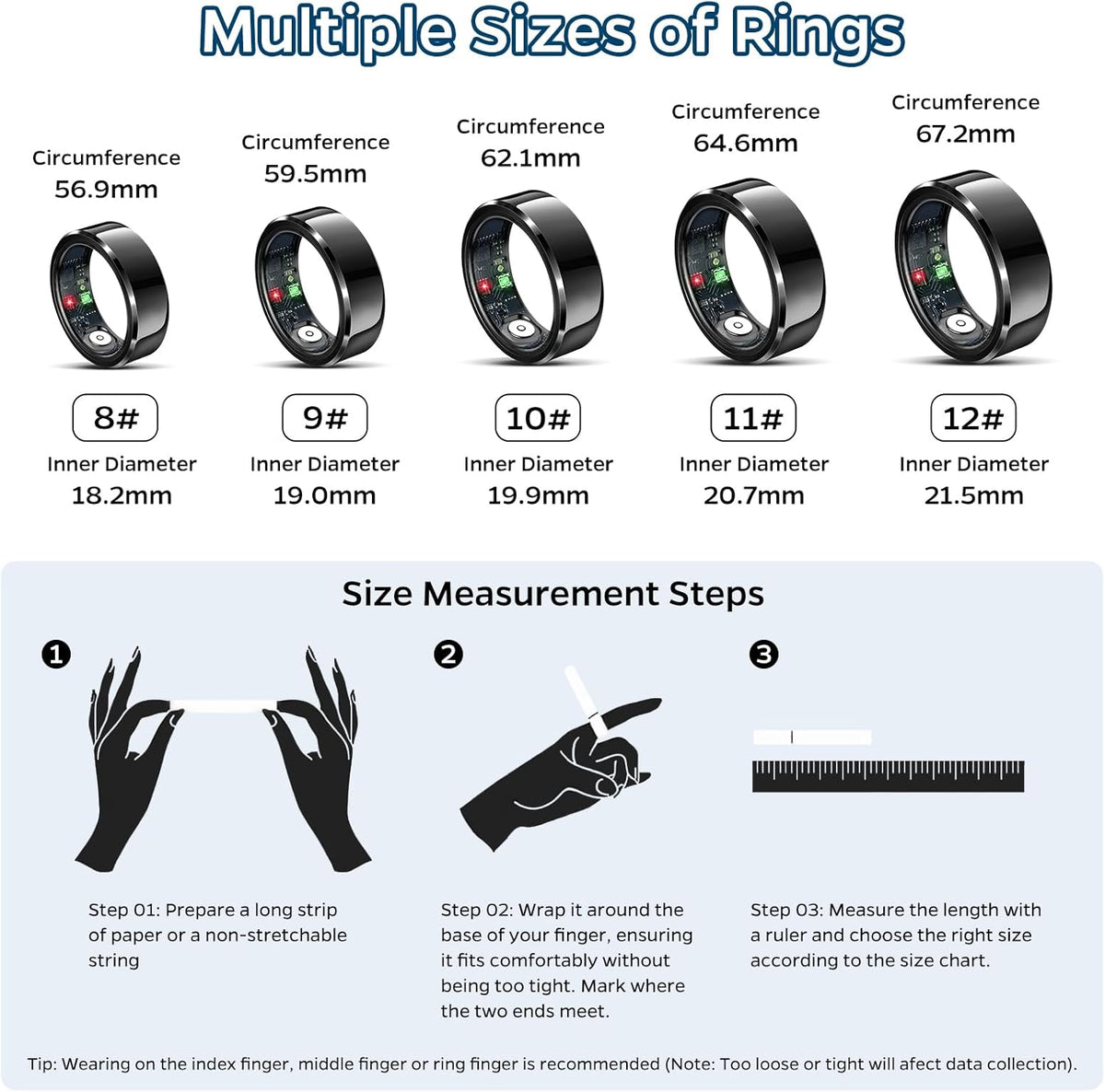 Smart Ring Health Tracker, Sleep Tracker Ring with Heart Rate, Waterproof Fitness Ring for Activity Monitoring/Steps/Distance/Calories, Air Gestures, up to 7-Day Battery, for Ios Android (Black,#10)