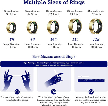 Smart Ring Health Tracker, Sleep Tracker Ring with Heart Rate, Waterproof Fitness Ring for Activity Monitoring/Steps/Distance/Calories,Air Gestures,Up to 7-Day Battery,For Ios Android (Light Gold,#12)