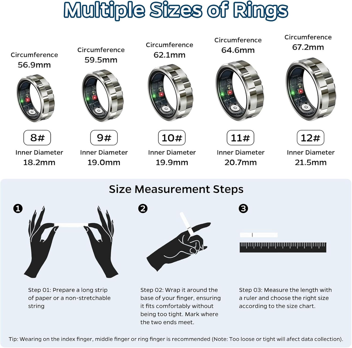 Smart Ring Health Tracker, Sleep Tracker Ring with Heart Rate, Waterproof Fitness Ring for Activity Monitoring/Steps/Distance/Calories,Air Gestures,Up to 7Day Battery,For Ios Android(Stylish Silver#8)